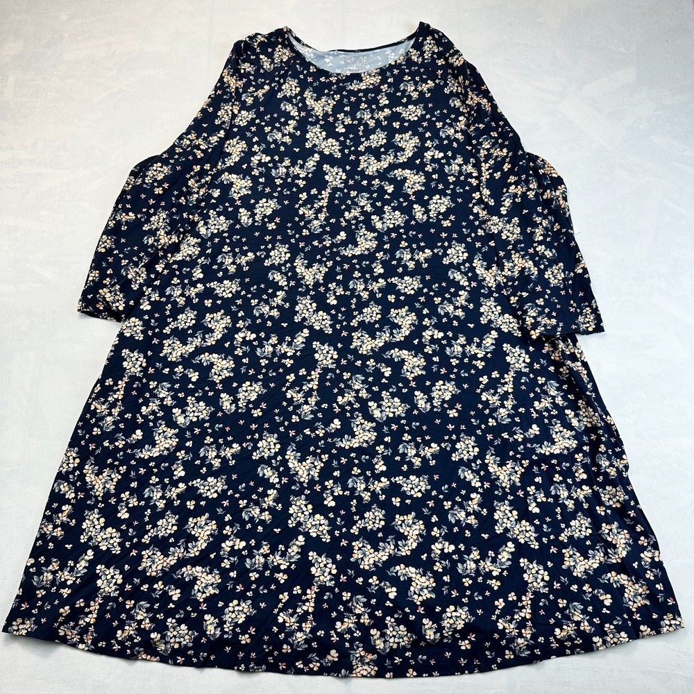 Time and Tru Midi Dress Womens 2XL Navy Floral 3/4 Sleeve Summer Everyday Wear